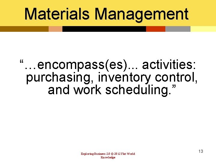 Materials Management “…encompass(es). . . activities: purchasing, inventory control, and work scheduling. ” Exploring