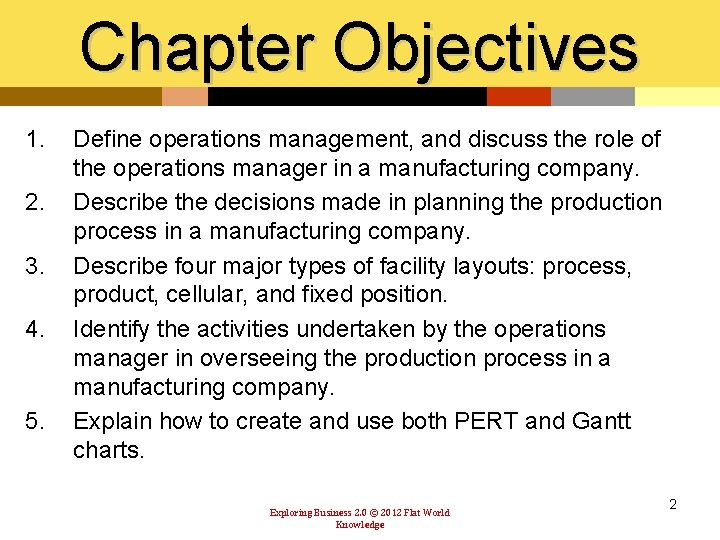 Chapter Objectives 1. 2. 3. 4. 5. Define operations management, and discuss the role