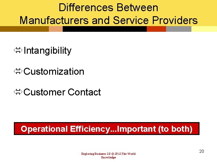 Differences Between Manufacturers and Service Providers óIntangibility óCustomization óCustomer Contact Operational Efficiency. . .