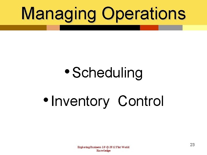 Managing Operations • Scheduling • Inventory Control Exploring Business 2. 0 © 2012 Flat