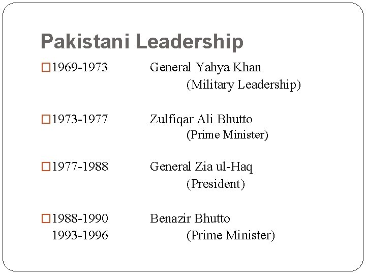 Pakistani Leadership � 1969 -1973 General Yahya Khan (Military Leadership) � 1973 -1977 Zulfiqar