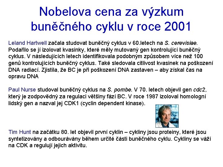 Nobelova cena za výzkum buněčného cyklu v roce 2001 Leland Hartwell začala studovat buněčný