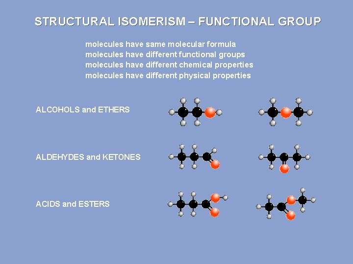 STRUCTURAL ISOMERISM – FUNCTIONAL GROUP molecules have same molecular formula molecules have different functional