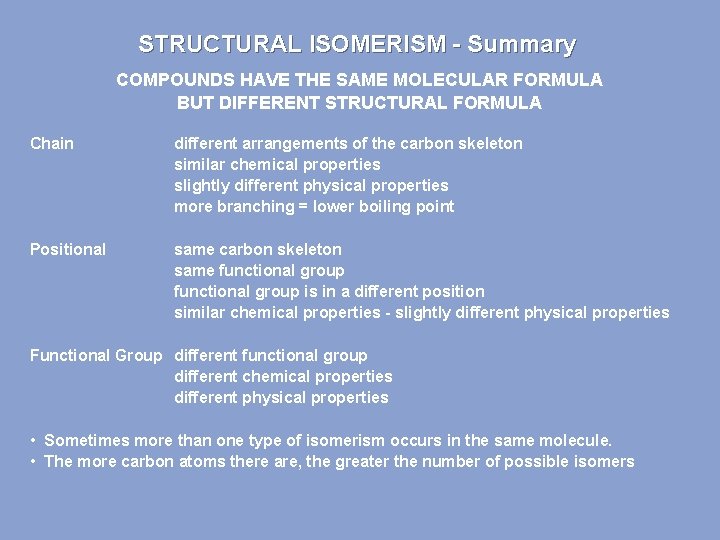 STRUCTURAL ISOMERISM - Summary COMPOUNDS HAVE THE SAME MOLECULAR FORMULA BUT DIFFERENT STRUCTURAL FORMULA