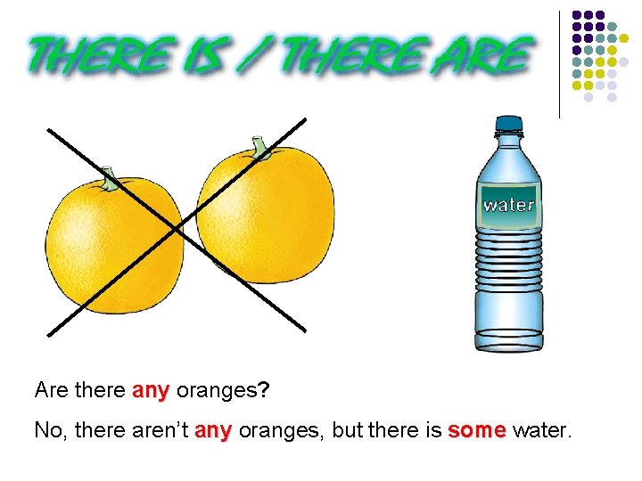 Are there any oranges? No, there aren’t any oranges, but there is some water.