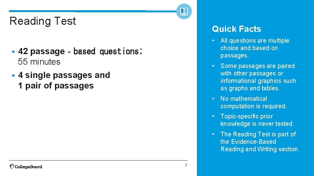 Reading Test • • Quick Facts • All questions are multiple choice and based