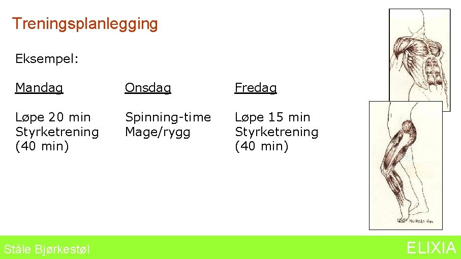 Treningsplanlegging Eksempel: Mandag Onsdag Fredag Løpe 20 min Styrketrening (40 min) Spinning-time Mage/rygg Løpe