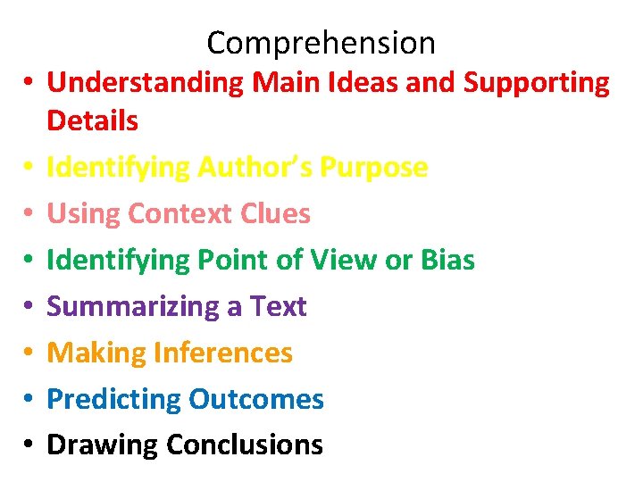 Comprehension • Understanding Main Ideas and Supporting Details • Identifying Author’s Purpose • Using