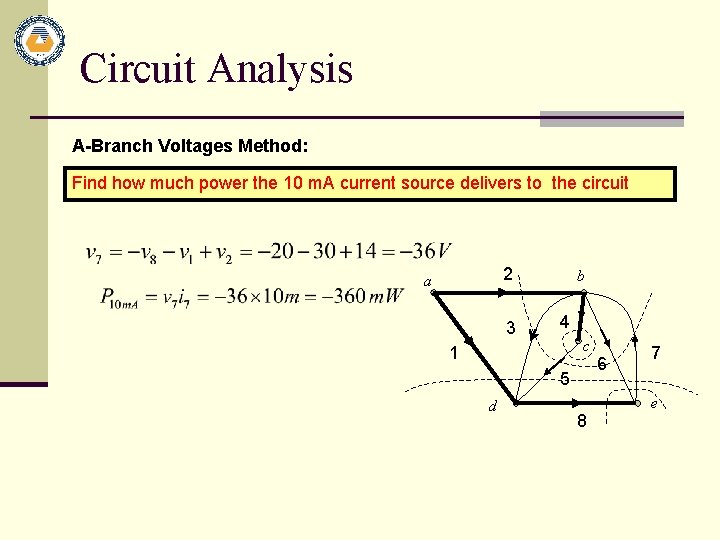 Circuit Analysis A-Branch Voltages Method: Find how much power the 10 m. A current