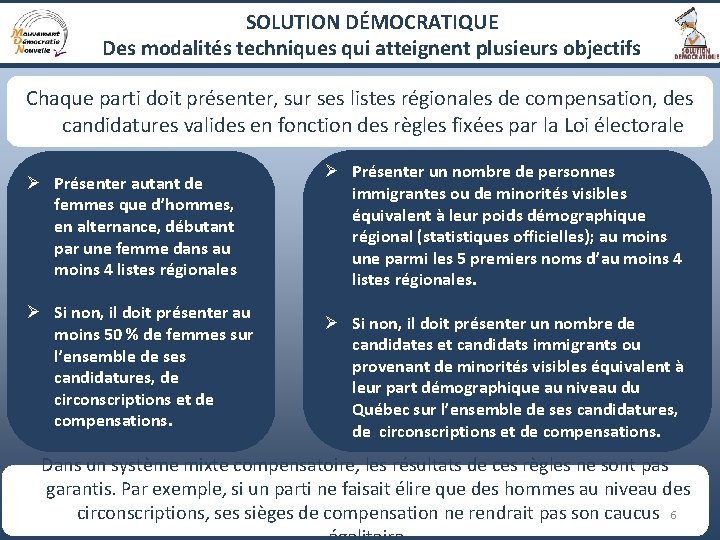 SOLUTION DÉMOCRATIQUE Des modalités techniques qui atteignent plusieurs objectifs Chaque parti doit présenter, sur