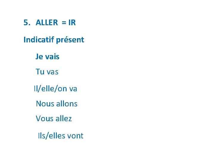 5. ALLER = IR Indicatif présent Je vais Tu vas Il/elle/on va Nous allons 5. ALLER = IR Indicatif présent Je vais Tu vas Il/elle/on va Nous allons