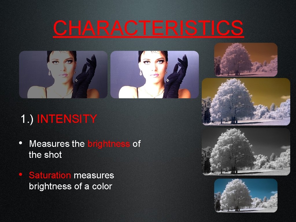 CHARACTERISTICS 1. ) INTENSITY • Measures the brightness of the shot • Saturation measures