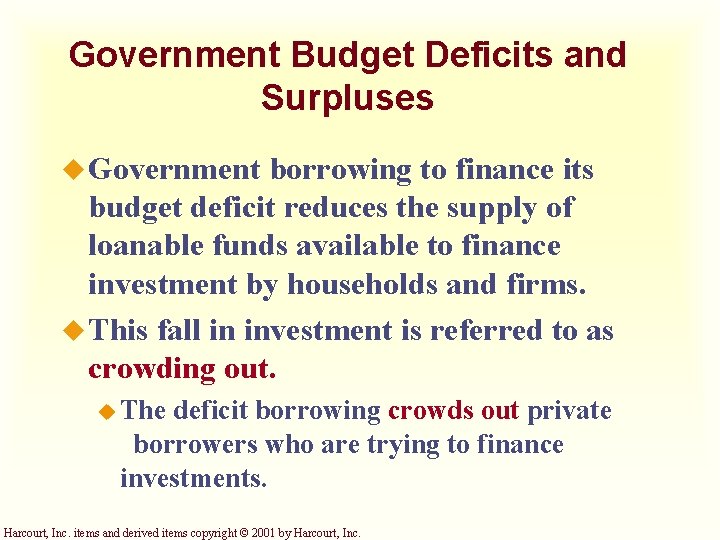 Government Budget Deficits and Surpluses u Government borrowing to finance its budget deficit reduces