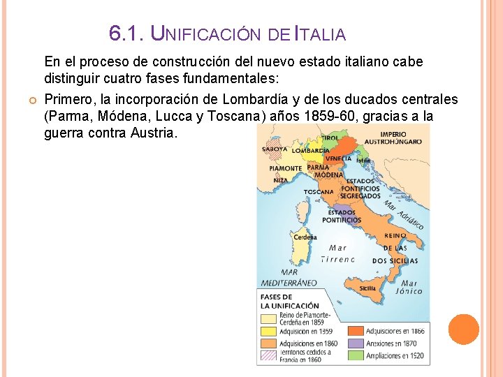 6. 1. UNIFICACIÓN DE ITALIA En el proceso de construcción del nuevo estado italiano