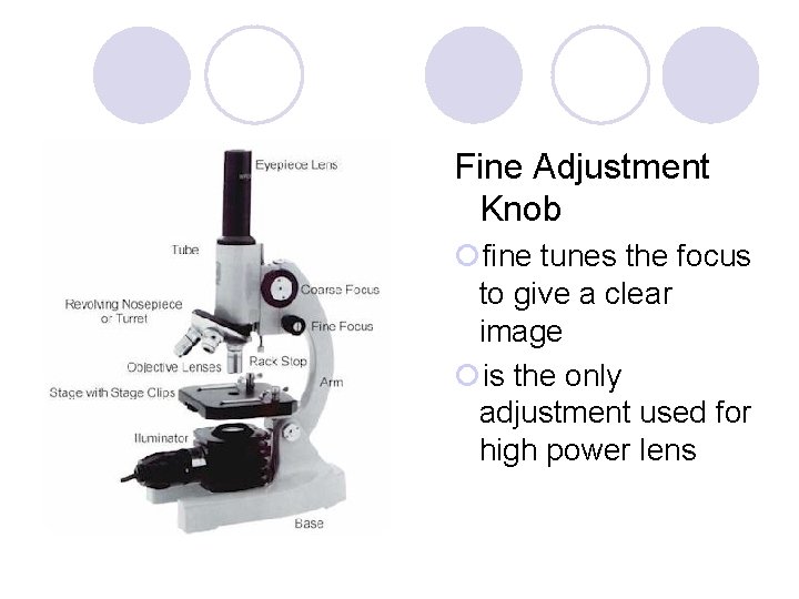 Fine Adjustment Knob ¡fine tunes the focus to give a clear image ¡is the Fine Adjustment Knob ¡fine tunes the focus to give a clear image ¡is the