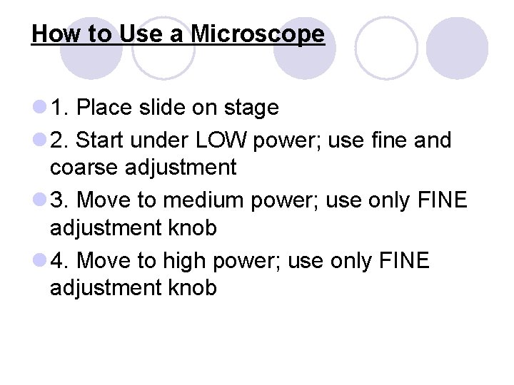 How to Use a Microscope l 1. Place slide on stage l 2. Start How to Use a Microscope l 1. Place slide on stage l 2. Start