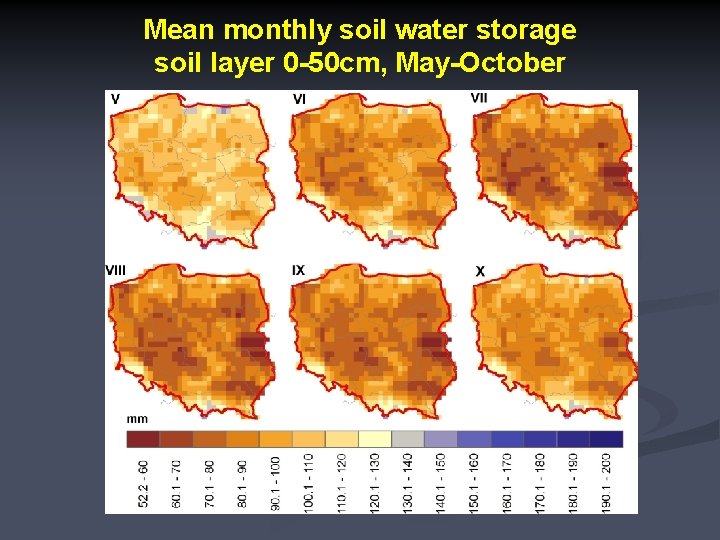 Mean monthly soil water storage soil layer 0 -50 cm, May-October 