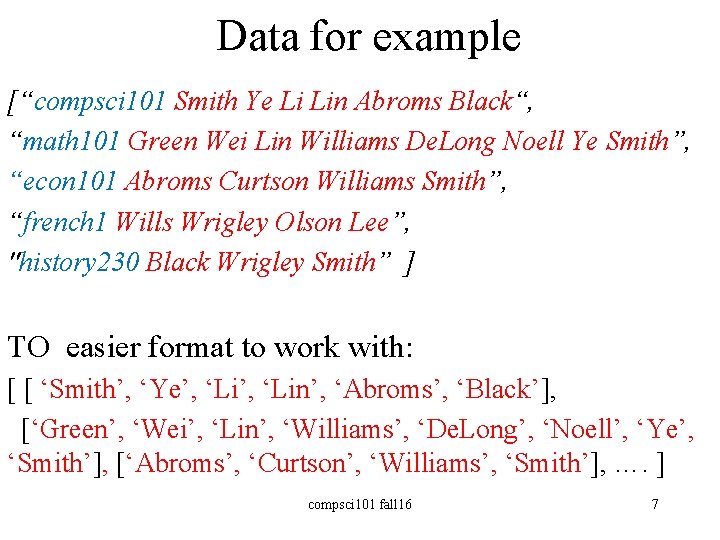 Data for example [“compsci 101 Smith Ye Li Lin Abroms Black“, “math 101 Green