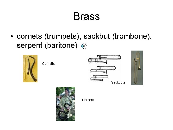 Brass • cornets (trumpets), sackbut (trombone), serpent (baritone) Cornetts Sackbuts Serpent 