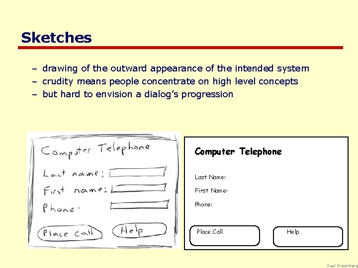 Sketches – drawing of the outward appearance of the intended system – crudity means