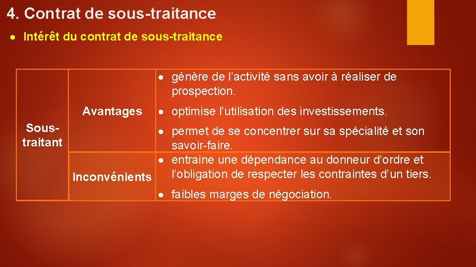 4. Contrat de sous-traitance Intérêt du contrat de sous-traitance génère de l’activité sans avoir