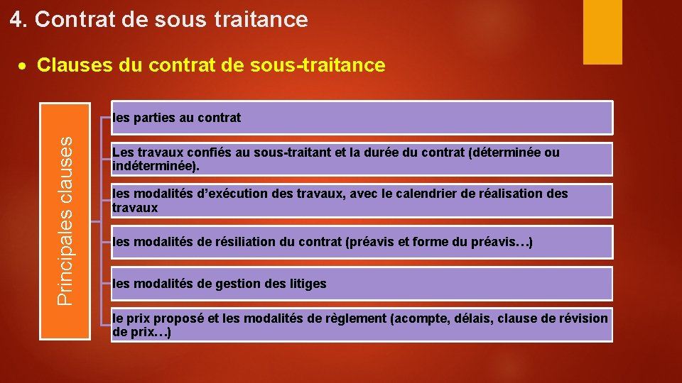 4. Contrat de sous traitance Clauses du contrat de sous-traitance Principales clauses les parties