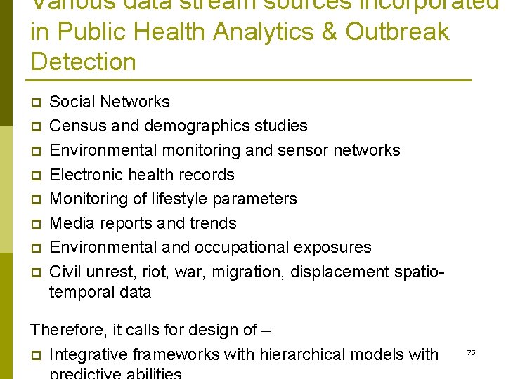 Various data stream sources incorporated in Public Health Analytics & Outbreak Detection p p