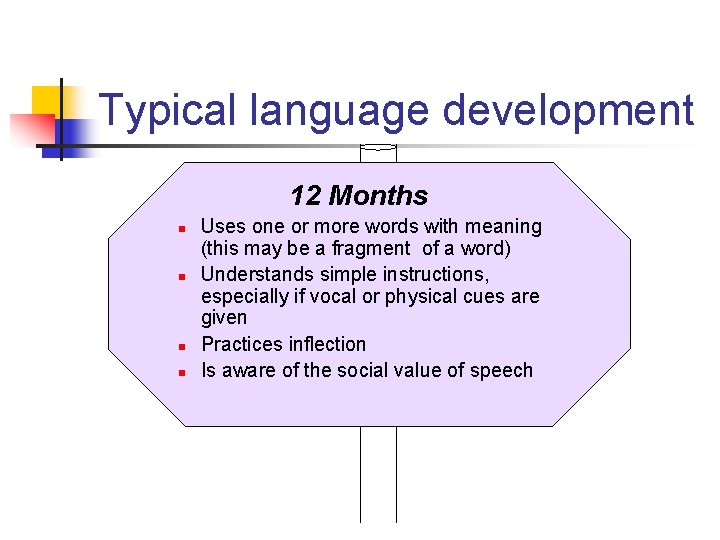 Typical language development 12 Months n n Uses one or more words with meaning