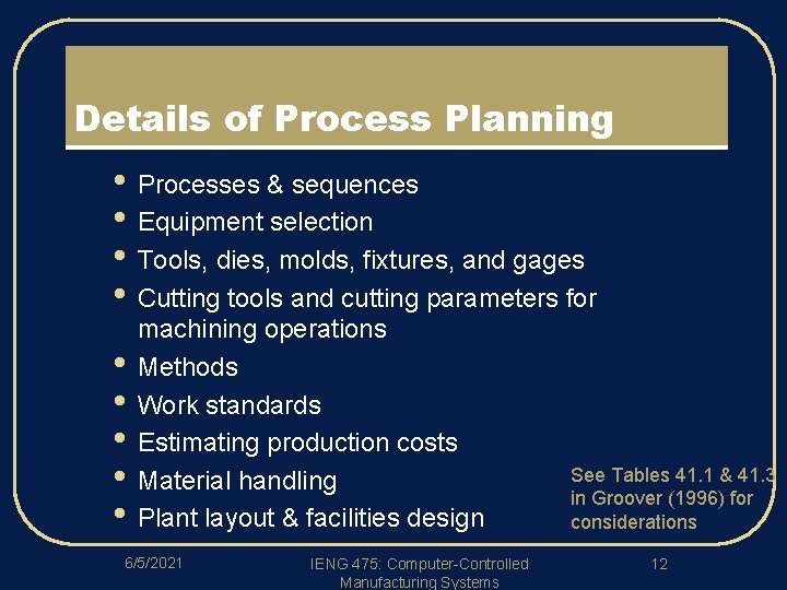 Details of Process Planning • Processes & sequences • Equipment selection • Tools, dies,