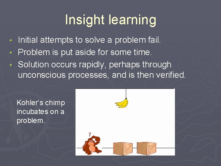 Insight learning • • • Initial attempts to solve a problem fail. Problem is Insight learning • • • Initial attempts to solve a problem fail. Problem is
