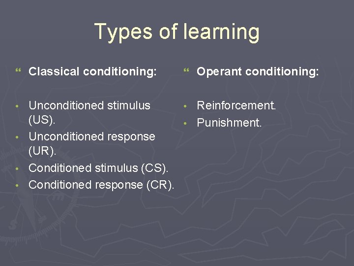 Types of learning } Classical conditioning: • Unconditioned stimulus • Reinforcement. (US). • Punishment. Types of learning } Classical conditioning: • Unconditioned stimulus • Reinforcement. (US). • Punishment.