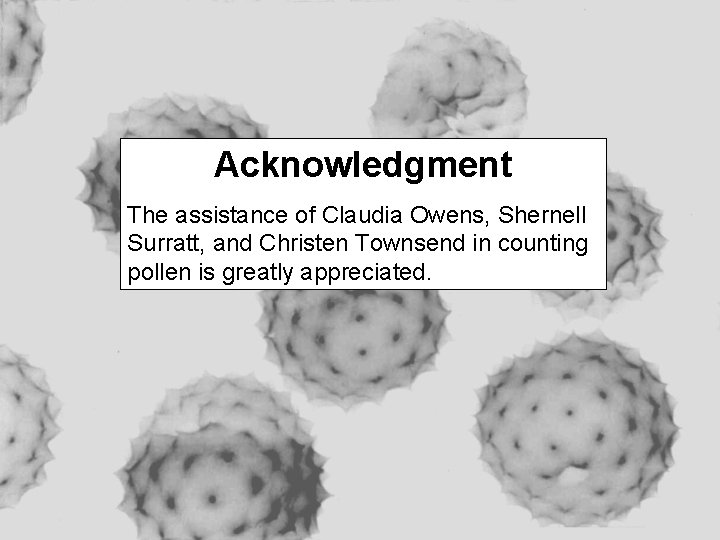 Acknowledgment The assistance of Claudia Owens, Shernell Surratt, and Christen Townsend in counting pollen