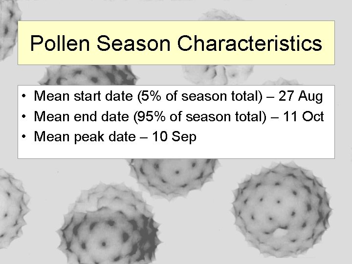 Pollen Season Characteristics • Mean start date (5% of season total) – 27 Aug