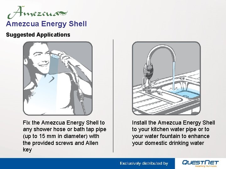 Amezcua Energy Shell Suggested Applications Fix the Amezcua Energy Shell to any shower hose