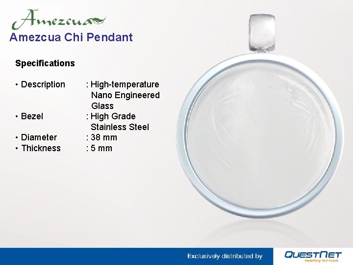 Amezcua Chi Pendant Specifications • Description • Bezel • Diameter • Thickness : High-temperature