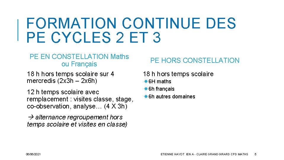 FORMATION CONTINUE DES PE CYCLES 2 ET 3 PE EN CONSTELLATION Maths ou Français