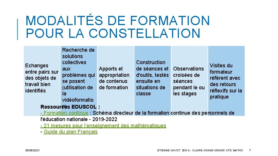 MODALITÉS DE FORMATION POUR LA CONSTELLATION Recherche de solutions Construction collectives Visites du Echanges