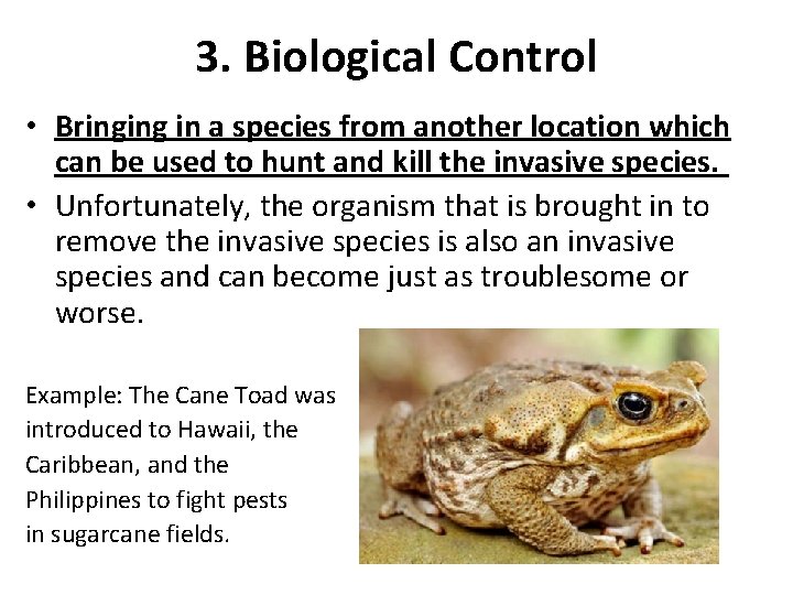 3. Biological Control • Bringing in a species from another location which can be