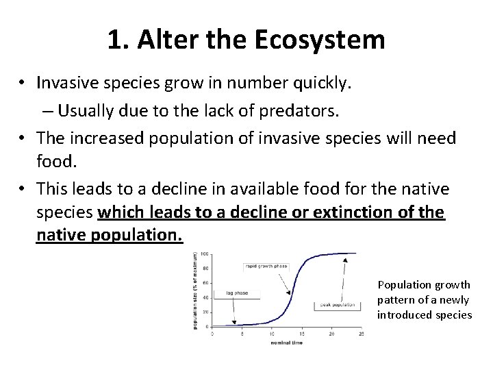 1. Alter the Ecosystem • Invasive species grow in number quickly. – Usually due
