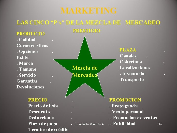 MARKETING LAS CINCO “P´s” DE LA MEZCLA DE MERCADEO PRODUCTO. Calidad Características. Opciones Estilo.