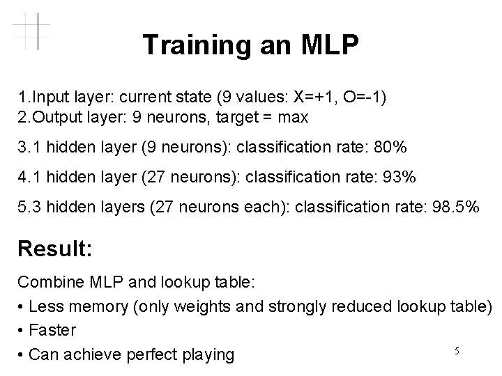 Training an MLP 1. Input layer: current state (9 values: X=+1, O=-1) 2. Output