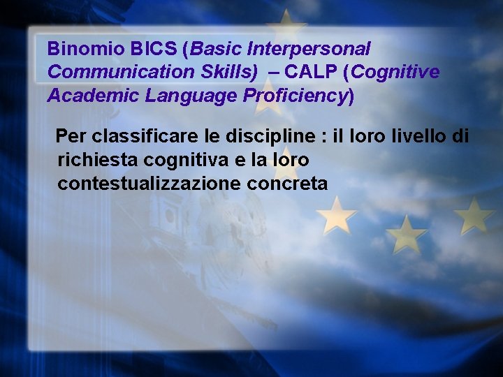 Binomio BICS (Basic Interpersonal Communication Skills) – CALP (Cognitive Academic Language Proficiency) Per classificare