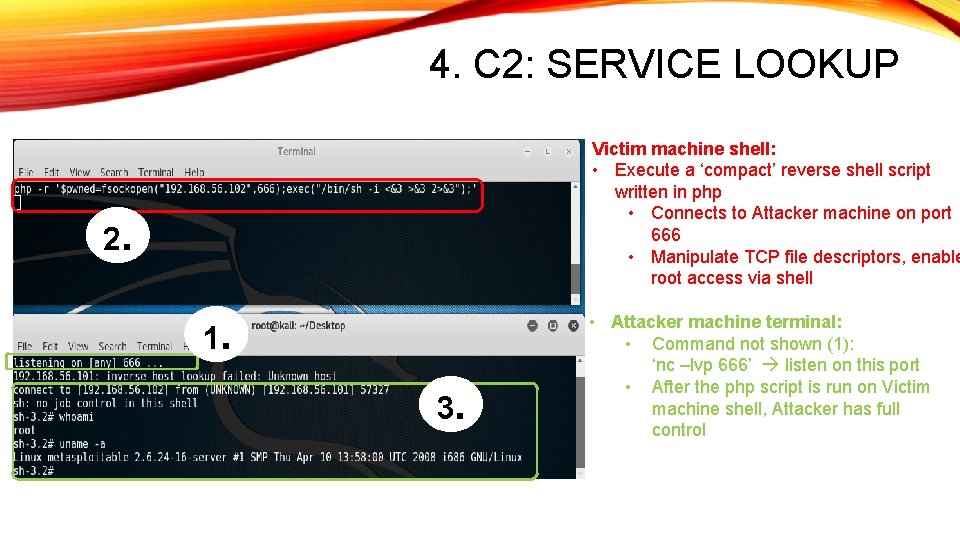 4. C 2: SERVICE LOOKUP Victim machine shell: • Execute a ‘compact’ reverse shell