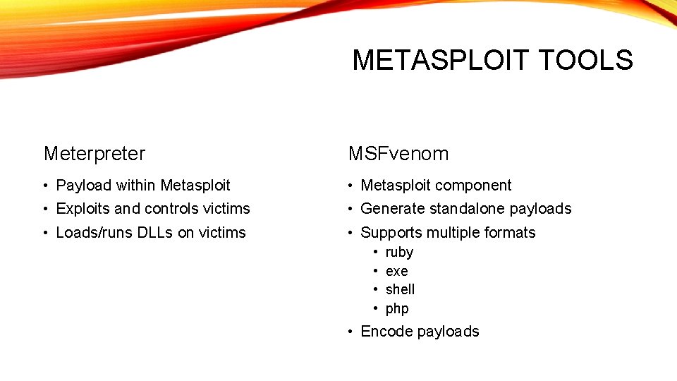 METASPLOIT TOOLS Meterpreter MSFvenom • Payload within Metasploit • Metasploit component • Exploits and