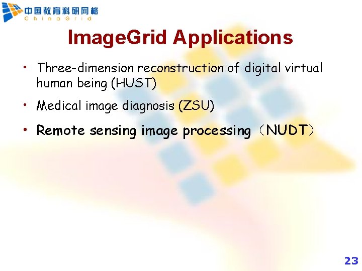 Image. Grid Applications • Three-dimension reconstruction of digital virtual human being (HUST) • Medical