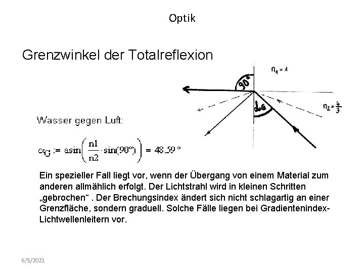 Optik Grenzwinkel der Totalreflexion Ein spezieller Fall liegt vor, wenn der Übergang von einem Optik Grenzwinkel der Totalreflexion Ein spezieller Fall liegt vor, wenn der Übergang von einem