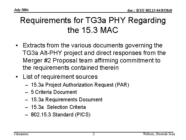 July 2004 doc. : IEEE 802. 15 -04/0338 r 0 Requirements for TG 3