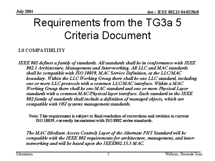 July 2004 doc. : IEEE 802. 15 -04/0338 r 0 Requirements from the TG