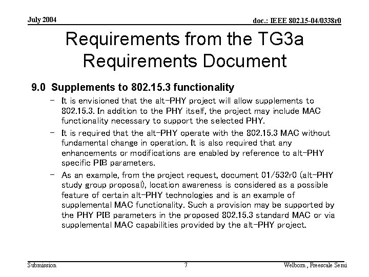 July 2004 doc. : IEEE 802. 15 -04/0338 r 0 Requirements from the TG